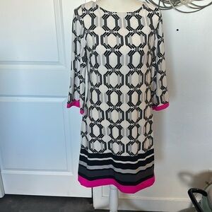 Eliza J Geometric Print Shift Dress Pink Trim 3/4 Sleeve Classic
